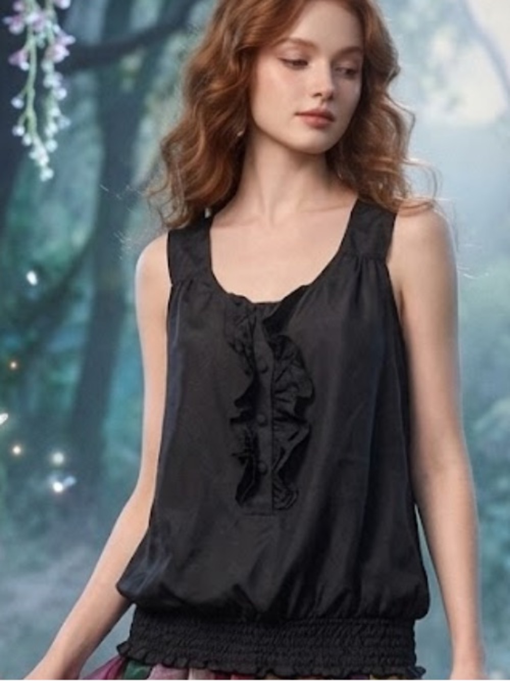 Gibson Black Whimsical Ruffle-Front Sleeveless Silk Camisole